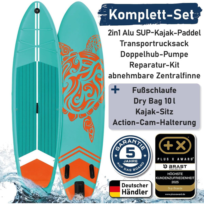 SUP дошка BRAST Turtle надувна з веслом, 320x81x15 см, бірюзова - комплект для Stand Up Paddleboarding (SUP) з 5-річною гарантією