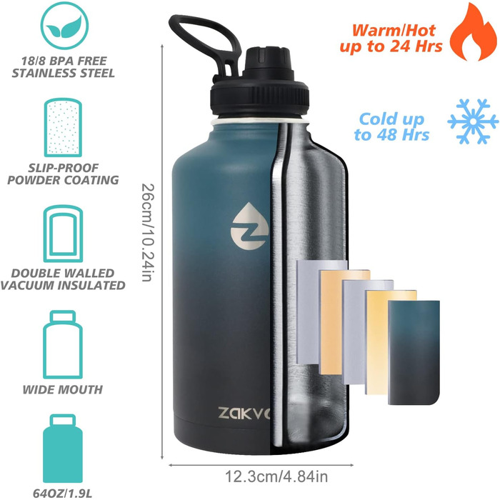 Термос-пляшка 2L з нержавіючої сталі з трубочками та 3 кришками, термос-пляшка з паракордом, термокана 2 літри з щіткою для миття, для фітнесу (Синій+Чорний)