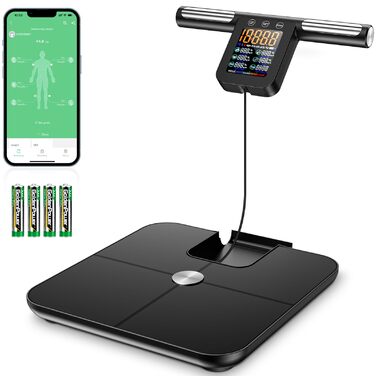 Вага для вимірювання жиру в тілі з датчиками рук, 8 електродів, цифрова вага з LCD дисплеєм, точна вага для вимірювання жиру та м'язової маси з APP, 32 показники, для вимірювання жиру, ІМТ та інше, чорного кольору