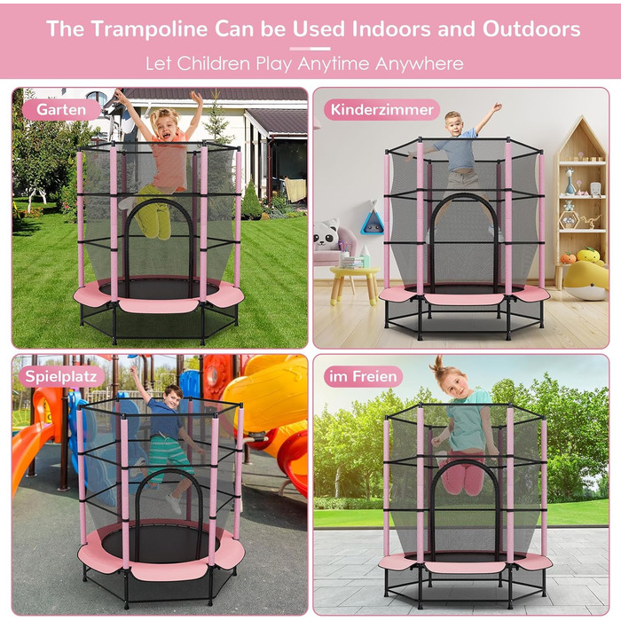Трамплін для дітей LIFERUN Ø140см з сіткою безпеки, для ігор та тренувань, до 50 кг, рожевий