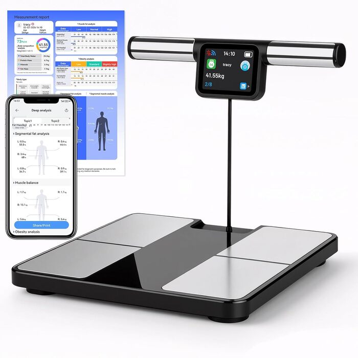 Вага для вимірювання жиру в тілі з 8 електродами, персональна вага з великим дисплеєм, Bluetooth, аналіз складу тіла, 180 кг, BMI, протеїн, BMR