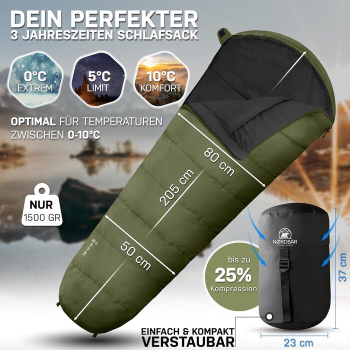 Сплячий мішок NORDBÄR® 3 сезони/літо, ультралегкий [750г/1500г] | Спальний мішок-кокон для кемпінгу | Компактний | Для подорожей, туризму, гірських хат | Літній спальний мішок, зелений (оливковий)
