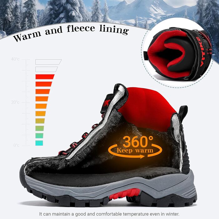 Зимові черевики для хлопчиків ASHION, утеплені, для походів та трекінгу, розмір 33 EU, чорно-червоні
