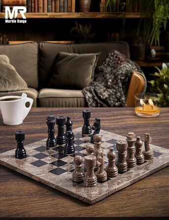 Шаховий набір з мармуру для дорослих, ручної роботи, 32 фігури, 2 додаткові королеви, коробка для зберігання, розкішна подорожна гра, елегантний подарунок для дому (чорний & кораловий) (Океанічний & Чорний)