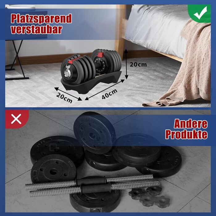 Регульовані гантелі DH FitLife 1,5-18 кг, набір з 12 рівнями ваги, комплект з дисками, 2 шт по 18 кг