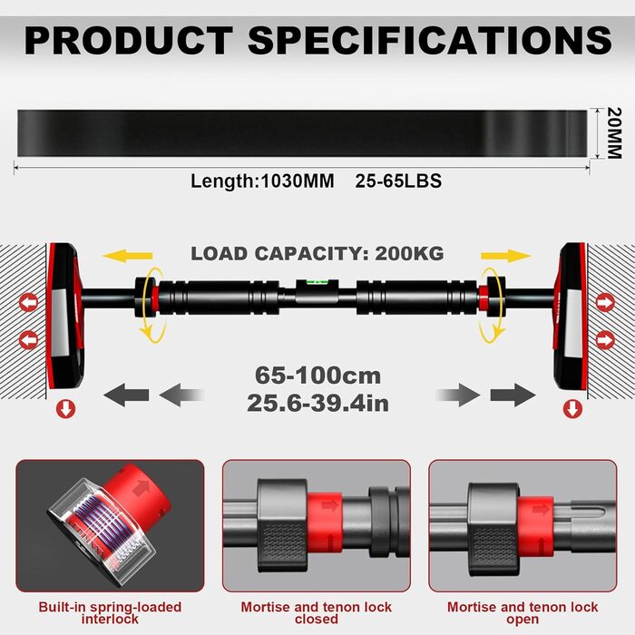 Турнік для дверного прорізу Klimmzugstange – Регульований 65–100 см без свердління – З вбудованим рівнем, зубчастим фіксатором та пружинними стабілізаторами – Спортивна стійка для дому