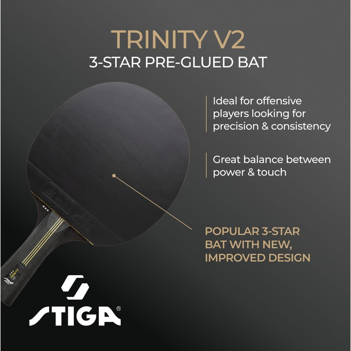 Стіга Trinity V2 – пінг-понгова ракетка для настільного тенісу, 3 зірки, ITTF, ергономічна ручка, для атакуючих гравців, чорна