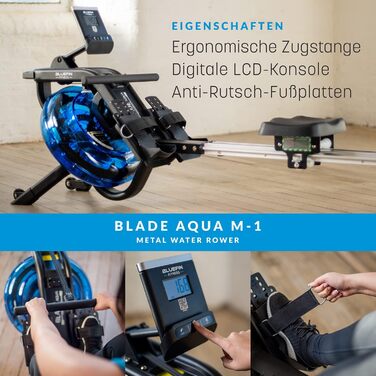 Гребний тренажер Bluefin Fitness Blade Aqua M-1 з водним опором, алюмінієва рама, інтеграція Kinomap, для інтенсивних тренувань