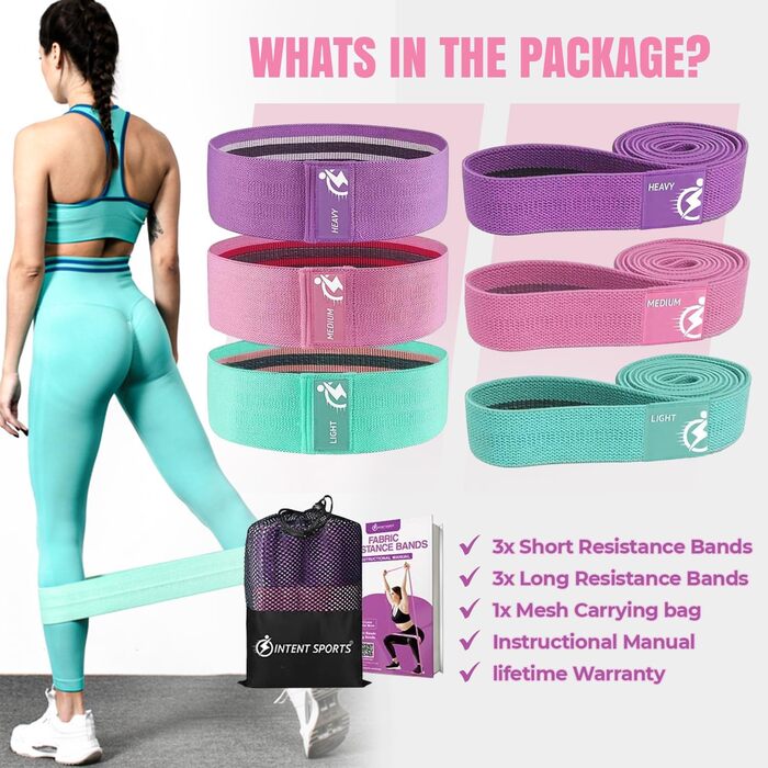 Еластичні гумки для фітнесу, набір 6 шт. (3 гумки для сідниць, 3 петлеві гумки для ніг, сідниць, стегон) для занять у залі, вдома, пілатесу, йоги (зелений, рожевий, фіолетовий)