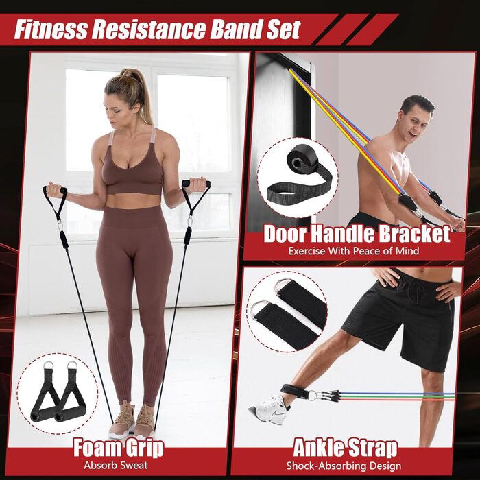 Набір еластичних стрічок для фітнесу, 5 стрічок різного рівня опору, з ручками, кігтями для ніг, фіксатором для дверей та сумкою, для пілатесу, йоги та силових тренувань