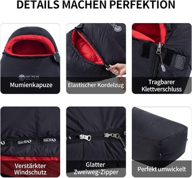 Сплячий мішок для дорослих та дітей, зимовий легкий, Outdoor 8°C ~ -30°C для кемпінгу та альпінізму, 650 FP гусячий пух, чорний, 1000г