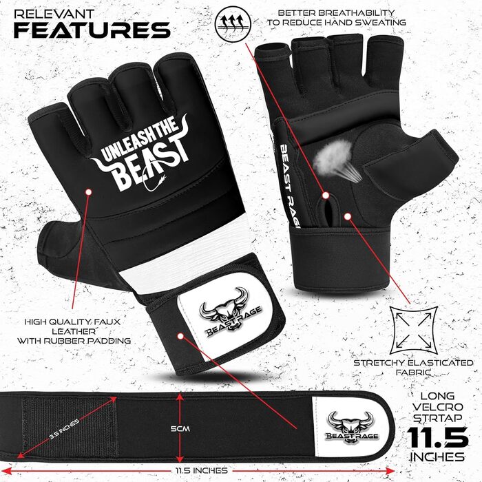 Боксерські рукавички BEAST RAGE для кікбоксингу, карате, тайського боксу (XXL, білий/чорний)