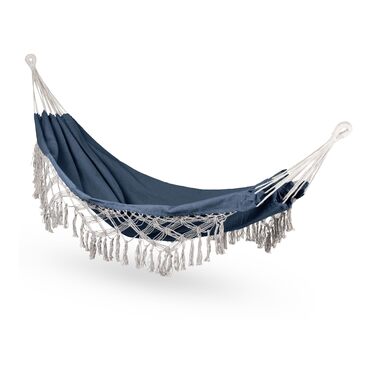 Гамак подвійний 200x150 см, до 200 кг, бавовна, блакитний, Boho стиль, для саду, балкону, тераси, дитячий та дорослий