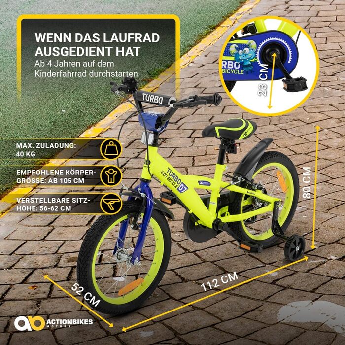 Дитяче велосипед Actionbikes Turbo 12/16 дюймів - V-Brake гальма, захистники, для дівчаток та хлопчиків (2-7 років)