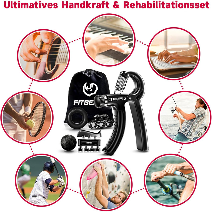 FitBeast Тренажер для рук та пальців, набір 5 шт. - регульований тренажер, тренажер для пальців, підтримка зап'ястя, кільце для тренувань та зняття стресу, чорний