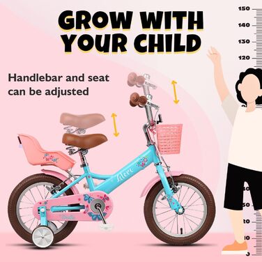 Дитяче велосипед Glerc Sasha 12, 14, 16, 20 дюймів для дівчаток 2-12 років у ретро-стилі з сидінням для ляльки та додатковими колесами, блакитний