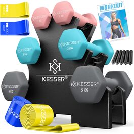 Набір роздвоєних гантелей KESSER з підставкою 18 кг (3 пари: 1кг, 3кг, 5кг), неопренове покриття для фітнесу та силових тренувань, Рожевий/Блакитний/Антрацит