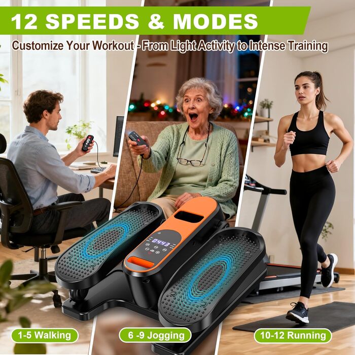 Електричний еліптичний тренажер для дому під стіл з пультом дистанційного керування, дисплеєм, 12 швидкостей, тихий та портативний степер для літніх людей, підлітків та дорослих.