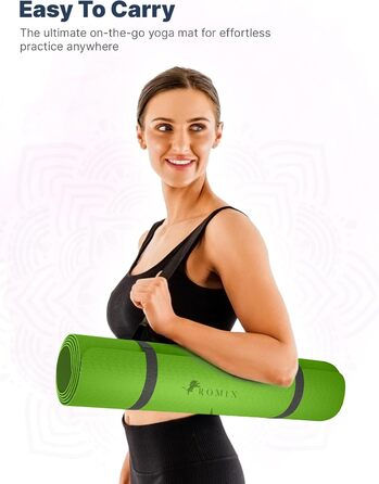 ROMIX Pro килимок для йоги з розміткою, 6 мм, нековзний, екологічний, для жінок, чоловіків, дітей, з сумкою та ремінцем, фітнес, пілатес (зелений)