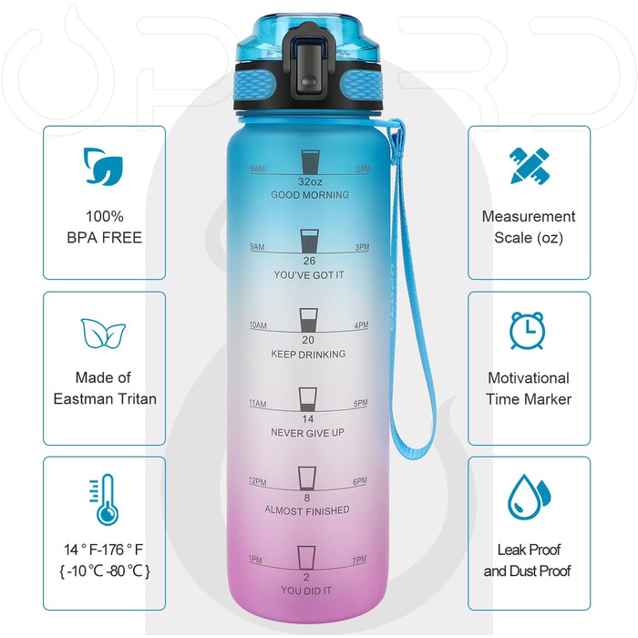 Спортивна пляшка для води Opard 900 мл з герметичним кришкою, без BPA, Tritan, для фітнесу (блакитно-сірий градієнт) (1л-вставка для фруктів, блакитний, фіолетовий)