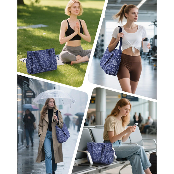 Сумка для йоги Yogatasche Damen Marineblaue Blätter, велика водонепроникна з відділенням для мокрого одягу та кріпленням для килимка