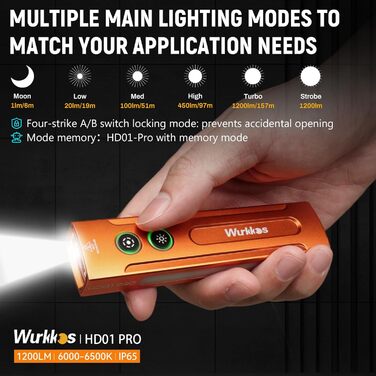 Ліхтарик Wurkkos HD01 Pro LED: Білий, UV (365nm), Зелений, RGB, 1200 люмен, Акумуляторний, Помаранчевий, для Походу