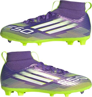 Дитячі футбольні бутси adidas F50 League Mid для гри на твердих/багатоповерххових покриттях, розмір 38 EU, колір Purple Rush Cloud White Lucid Lemon