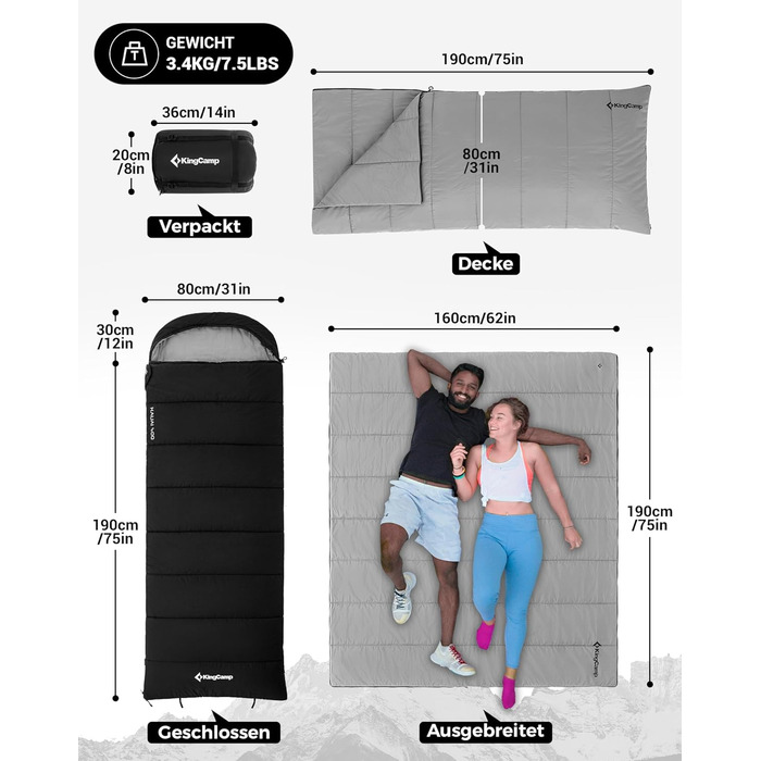 Сплячий мішок KingCamp для дорослих 3-в-1 з бавовняним флісовим підкладкою, зимовий, XXL, легкий, теплий, знімний ковдри, для туризму та відпочинку