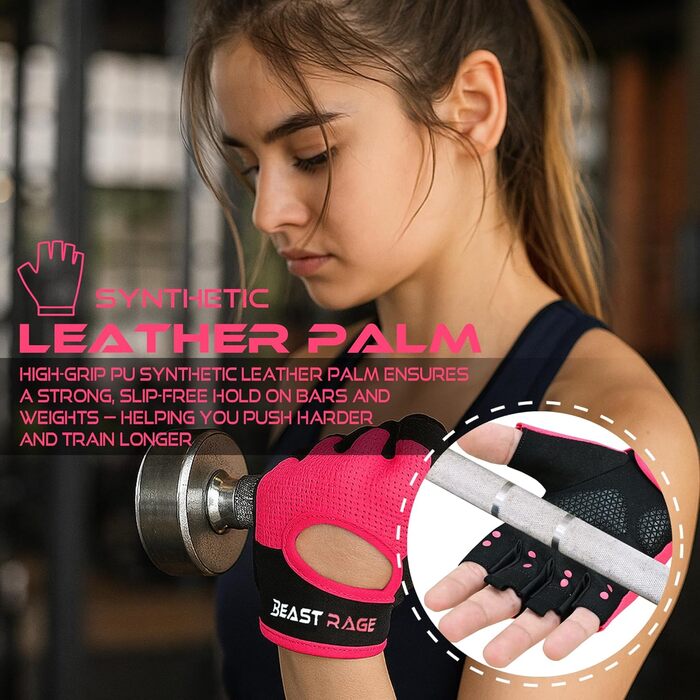 Фітнес-рукавички BEAST RAGE: дихаючі, для чоловіків та жінок, підйом ваги, бодібілдинг, тренування, неслизькі, кросфіт, силове тренування, велоспорт, колір рожевий