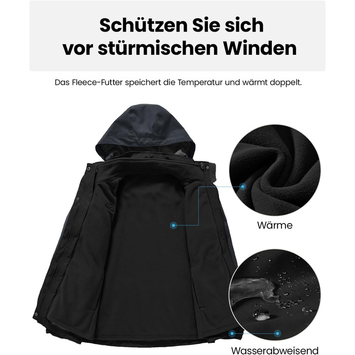 Жіноча куртка 3-в-1 для активного відпочинку: вітро- та водонепроникна з флісовою підкладкою, тепла зимова куртка з капюшоном (Чорний, XXL)