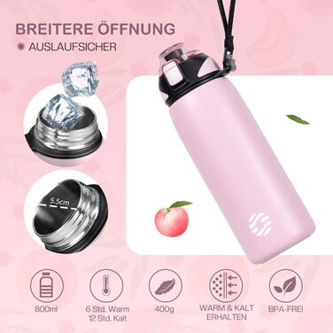 Дитяча термос-бутилка FJbottle 800 мл, нержавіюча сталь, рожевий, BPA-Free, герметична, для води та газованих напоїв, для школи, спорту, фітнесу, велосипеда