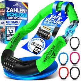 NEXTCOVER® Замки для велосипедів LockPro з кодовим замком - Оригінал - [SAFESECURE] Високий рівень безпеки | 5-значний код, сталевий замок для велосипеда | Замок для електровелосипеда, ланцюговий замок (Зелений)