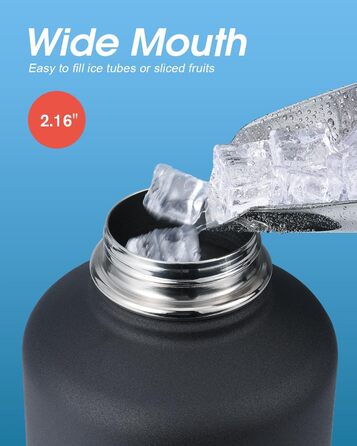 Ізольована пляшка для води Coolflask 2L з трубочкою та 3 кришками, з нержавіючої сталі, для спорту та офісу, подвійне вакуумне покриття, чорна, 2000 мл