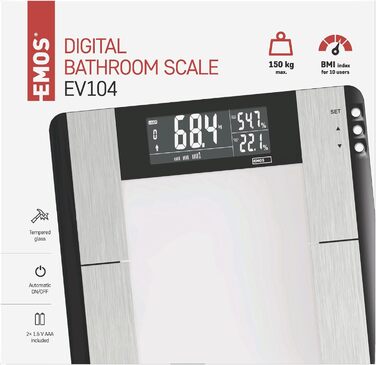 EMOS EV104 Цифрова вага для людей з BMI та пам’яттю, скляна вага для тіла, вимірює жир, м’язову масу, воду, батарейки в комплекті