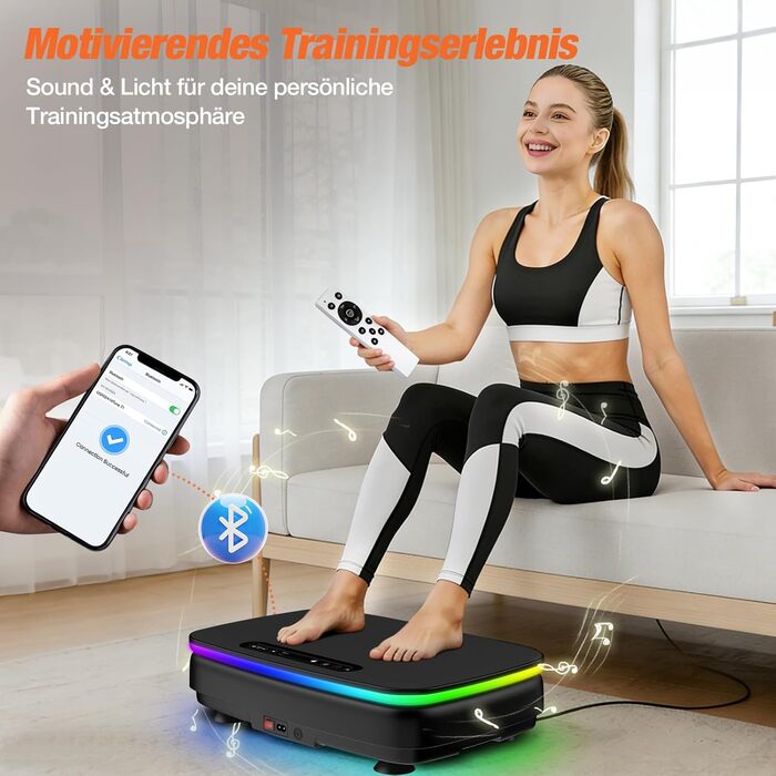 Вібраційна платформа DH FitLife для дому | Рюттельплатта з 0–99 рівнями та таймером | 9 автоматичних програм | Тиха вібраційна платформа з присосками | Підсвічування та Bluetooth-динамік | З ременями | Макс. 150 кг