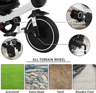 Дитяче тріцикл UBRAVOO 7-в-1: складний, з ліхтарем, гальмом, великим козирком та захисним бампером (білий)