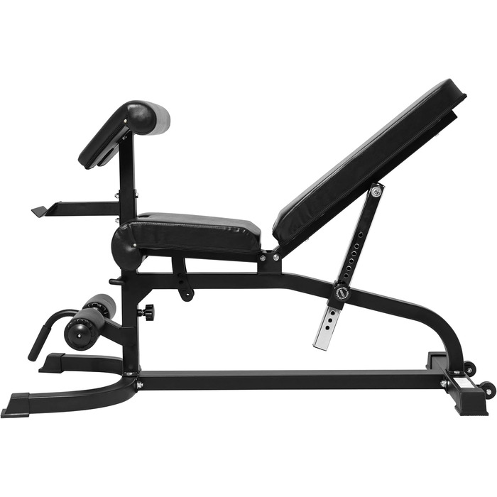 Мультифункціональна лава для жиму GORILLA SPORTS®, 13-рівнева регулювання, 151x63x114 см, зі стійкою для біцепса і фіксатором для ніг, сталева, чорна – тренувальна, універсальна, для фітнесу, жиму лежачи