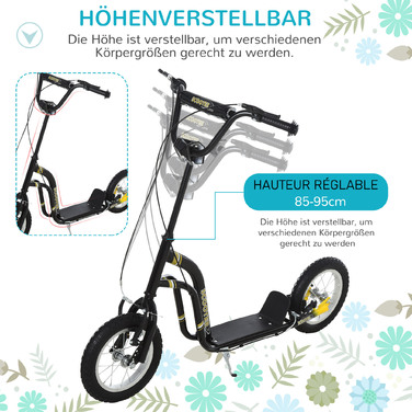 Дитячий самокат HOMCOM від 5 років Scooter Kick Scooter 12 дюймів пневматична шина гума алюміній чорний, регульована висота 120x58x85-95см