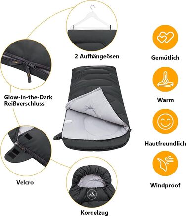 Спальний мішок HikeMeister® Mumienschlafsack 1600 г - для кемпінгу, чорний, 220 x 80 см, з внутрішньою кишенею, комфортна температура 0-15°C, з чохлом для перенесення