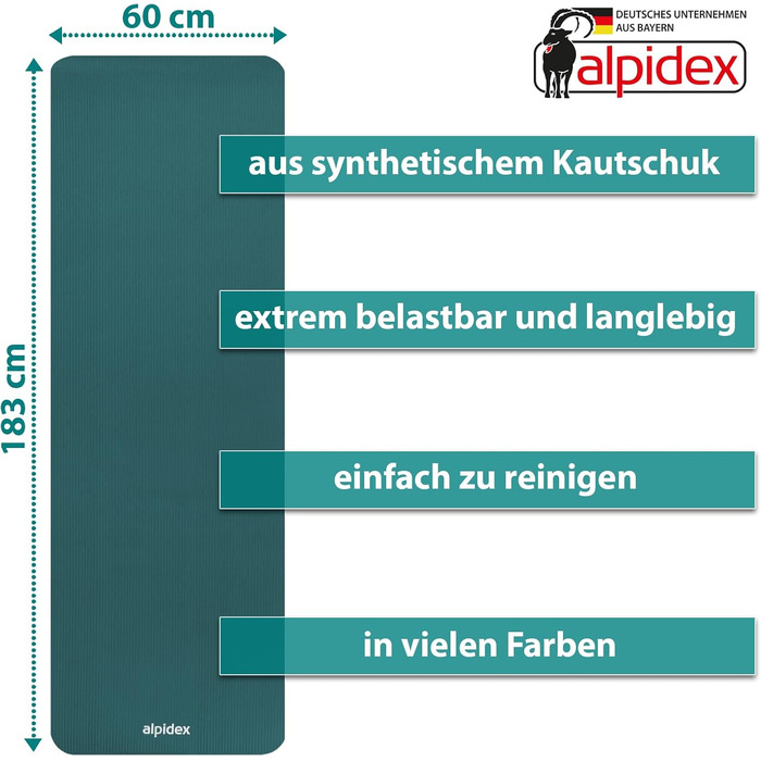 Йога мат ALPIDEX 183x60x0.8 см, нетоксична, з E-book, ручка, протиковзна, для фітнесу, гімнастики, пілатесу, йоги, спорту, фізіотерапії, HIIT, тренувань, ізомат, дружня до шкіри, Petrol