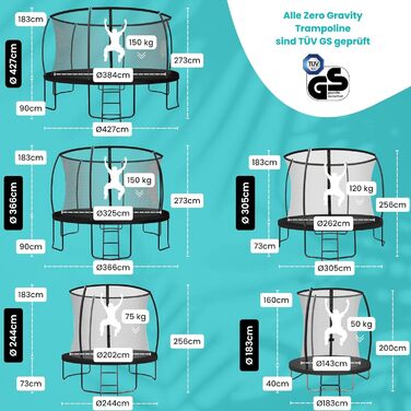 Батут Zero Gravity Outdoor Ø 183/244/305/366/427 см, TÜV GS, комплект з драбиною, відеоінструкція, Ultima 4 моделі Ø 305 см, чорний