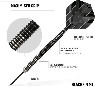 Набір дротиків Darts Corner BlackFin з високоякісного 90% вольфраму, прямий стальний стрижень, 6 оперень, 6 стрижнів, карта Checkout і футляр, 22 г, 24 г, 26 г