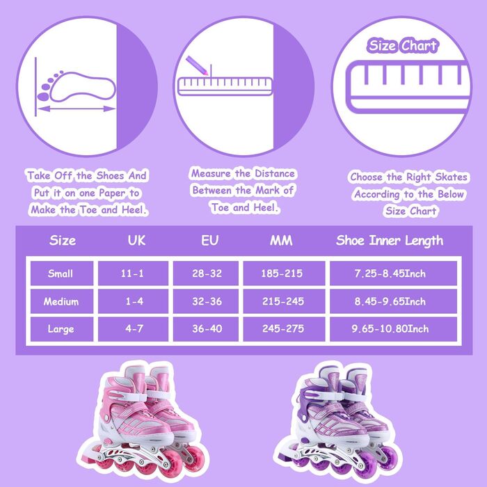 Дитячі ролики Kinder для дівчаток, регульовані, 4 розміри, світлові колеса, EU32-36, фіолетові