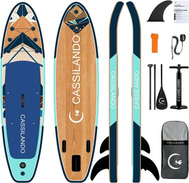 Надувний SUP дошка CASSILANDO Stand Up Paddle Board 335 см з аксесуарами та сумкою для перенесення, для йоги, риболовлі, серфінгу, підходить для дорослих та підлітків, з імітацією текстури дерева, колір м'ятно-зелений