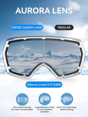 COPOZZ H2 Лижна маска OTG, гіперболічна, знімна лінза, антифог та UV-захист, для сноуборду та лиж, чорна оправа, срібна лінза, для дорослих чоловіків і жінок