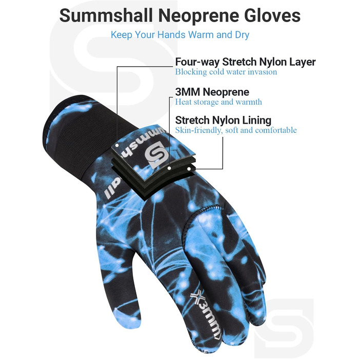 Рукавички для дайвінгу Sushall з неопрену, 3 шт. для чоловіків, тепла та антиковзаюча поверхня, еластичне зап'ястя для дайвінгу, серфінгу, снорклінгу (S, блакитний)