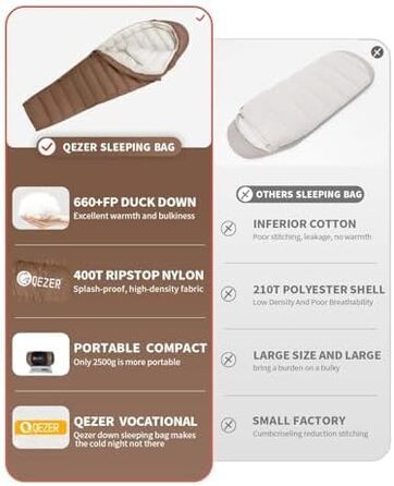 Сплячий мішок QEZER 820г Ultraleicht, 660FP, 8°C ~ 2°C для дітей та дорослих, 3 сезони, кемпінг, трекінг, Outdoor (Kaffee -15°C)