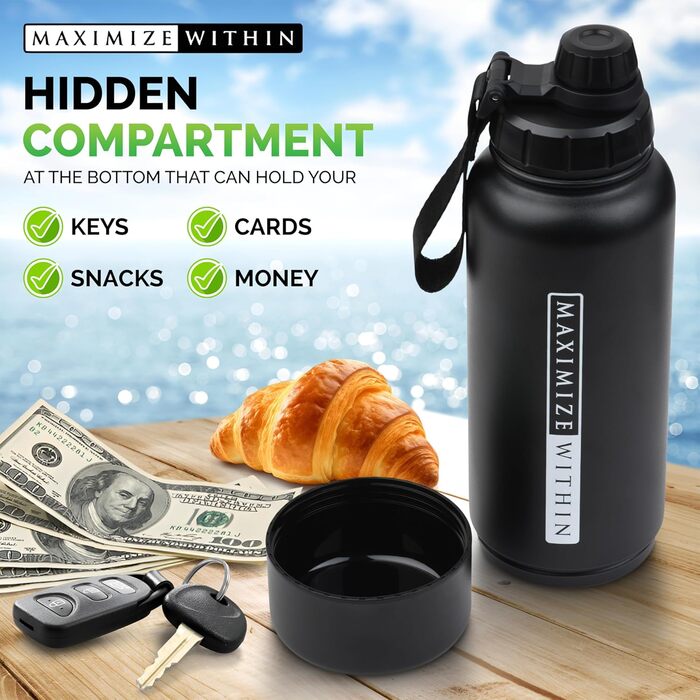 Термос-пляшка з нержавіючої сталі, вакуумна ізоляція, потрійна стінка, з подвійним кришками (соломинка та виливний носик) + приховане відділення для зберігання, без витоку, багаторазове використання, чорна туристична термопляшка