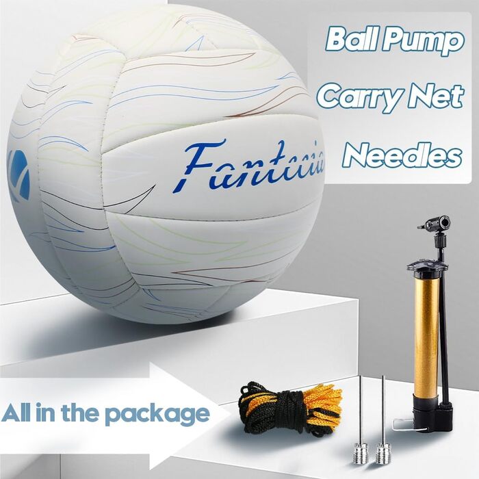 Волейбольний м'яч Fantecia, розмір 5, шкіряний Soft-Touch, білий, з насосом, для гри в приміщенні, на вулиці, в басейні, на пляжі та в саду