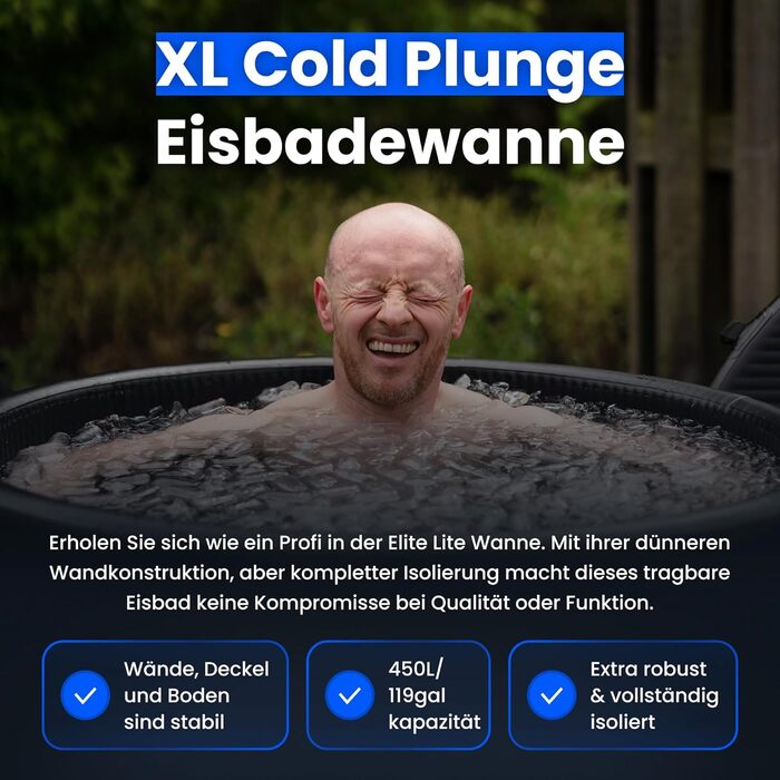 Тонна для криотерапії Eisbad для спортсменів з кришкою, портативна ванна для криотерапії, The Cold Pod, розкладна надувна ванна для дому та вулиці (Elite Barrel)